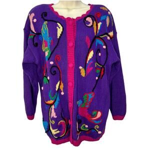 Vintage Kris Michele Chunky Knit Cardigan Sweater Birds 80s 90s Size L Purple